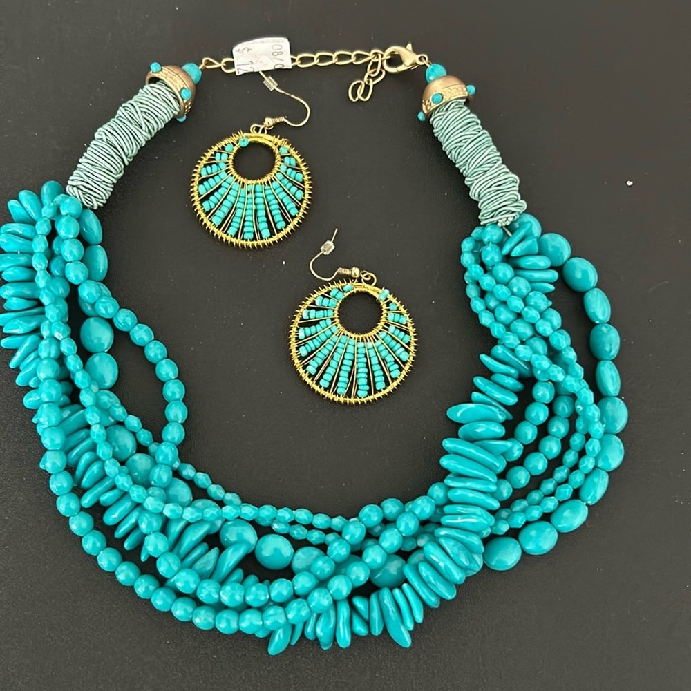 Turqoise Colored Multi-Stranded Beaded Necklace and Earrings Set